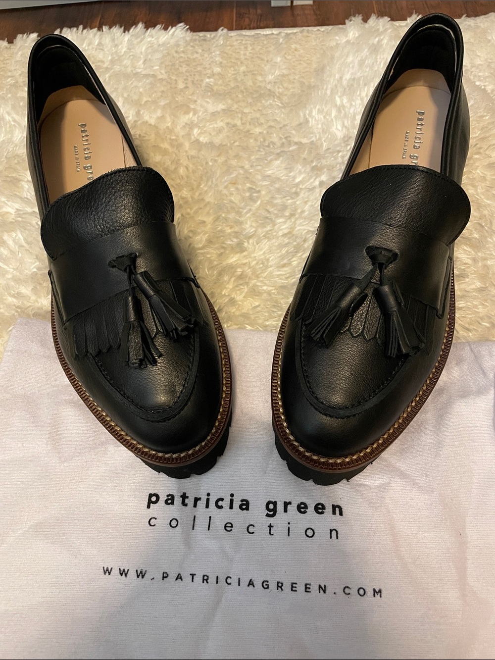 Patricia Green Black Loafers Tassel Leather Spain Corporate Goth Luxury NWOT 8US